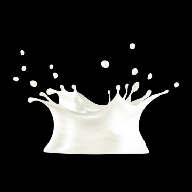 Süt sıçrama vektör çizim siyah arka plan, gerçekçi görüntü üzerinde. Krem taç damla ile. 3D çizim