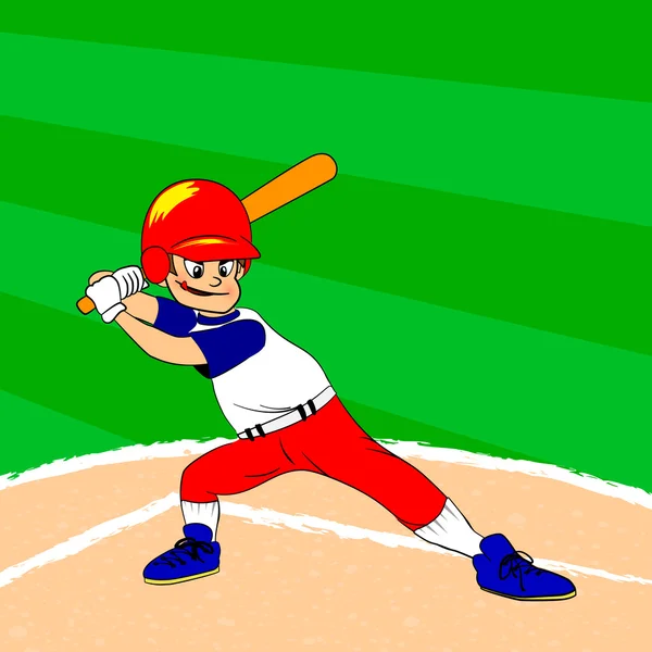 Joven jugador de béisbol con un bate en el hombro listo para batear. Béisbol archivado. Niño con ropa blanca azul roja. Personaje de dibujos animados . — Vector de stock