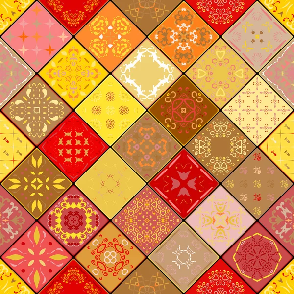 Mega Gorgeous naadloze patchwork patroon van kleurrijke Marokkaanse tegels, ornamenten. Kan worden gebruikt voor behang, vullingen, webpagina-achtergrond, oppervlakte texturen. Gouden en rode kleur. Kerst stijl. — Stockvector