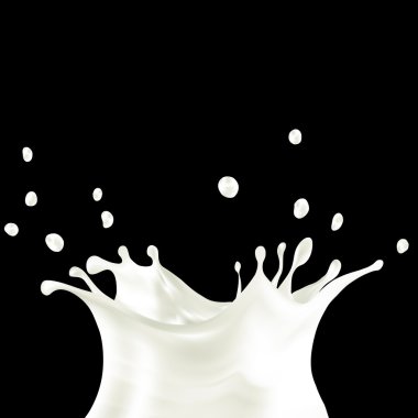 Süt sıçrama vektör çizim siyah arka plan üzerinde gerçekçi görüntü izole. 3D çizim.
