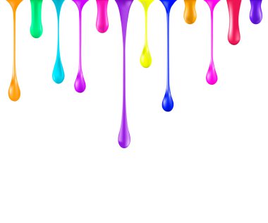 Gökkuşağı parlak boya damla izole üzerinde beyaz blobs. vektör. 3D Illustrator. Düşen tırnak cilası bırakır. Degrade kafes. Zehirli canlı parlak renkler