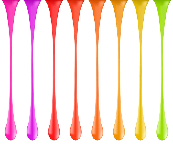 Πτώση γυαλιστερό χρώμα ουράνιο τόξο σταγόνες απομονωμένα σε λευκό. διάνυσμα. 3D εικονογράφος. Σταγόνες που πέφτουν βερνίκι νυχιών. Διαβαθμίσεις πλέγματος. Τοξικό έντονα φωτεινά χρώματα — Διανυσματικό Αρχείο