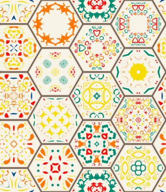 Seamless modeli. Vintage dekoratif öğeler. Elle çizilmiş arka plan. Islam, Arapça, Indian, Osmanlı motifleri. Kumaş ya da kağıt üzerine baskı için mükemmel. Altıgen geometrik çini tasarım. vektör çizim