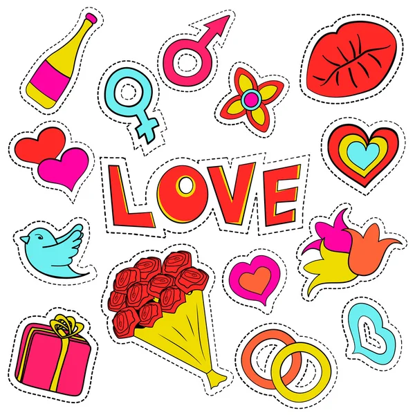 風変わりな漫画パッチ バッジまたはファッション バッジのセット。愛、心、キス、バラの花、結婚指輪、鳥、花の束、火星の男性シンボル、金星女性シンボル。バレンタイン セット. — ストックベクタ