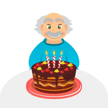 Yaşlı adam kutluyor doğum günü. Çikolatalı kek ve tek başına oturmak beyaz mum ile komuta sizde. Dedesi gri saçlı ve bıyık, önden görünüş portresi. Beyaz yaşlı adam.