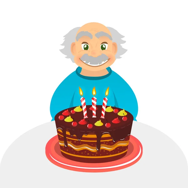 Old man celebrating birthday. Senior man with chocolate cake and candle sitting alone over white. Portrait of grandfather with grey hair and mustache, front view. caucasian elder man. — Stock Vector