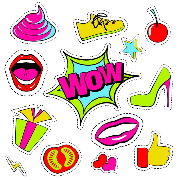 Ensemble vectoriel d'insigne de patch de bande dessinée bizarre, autocollant, épinglettes de mode. Ensemble dessiné à la main avec bouche ouverte, chaussures à talons hauts, cerise, coeur, étoiles, pouce, baskets, merde, phrases wow. Illustration de conception . — Image vectorielle