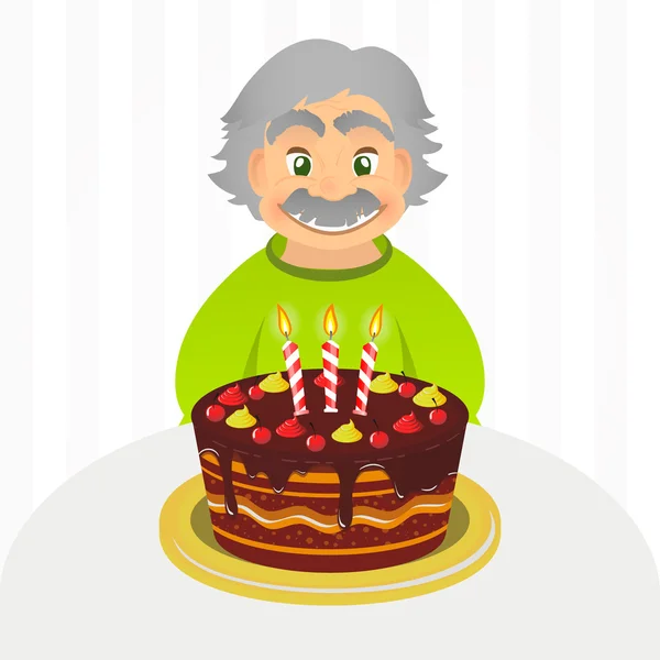 Old man celebrating birthday. Senior man with chocolate cake and candle sitting alone over white. Portrait of grandfather with grey hair and mustache, front view. caucasian elder man. — Stock Vector