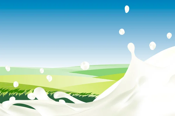 Rural landscape with blue sky and splash of milk. Morning sun and dawn. Realistic Cream with drops against green meadow with grass. white yogurt. idealistic picture. for packaging, branding. — Stock Vector