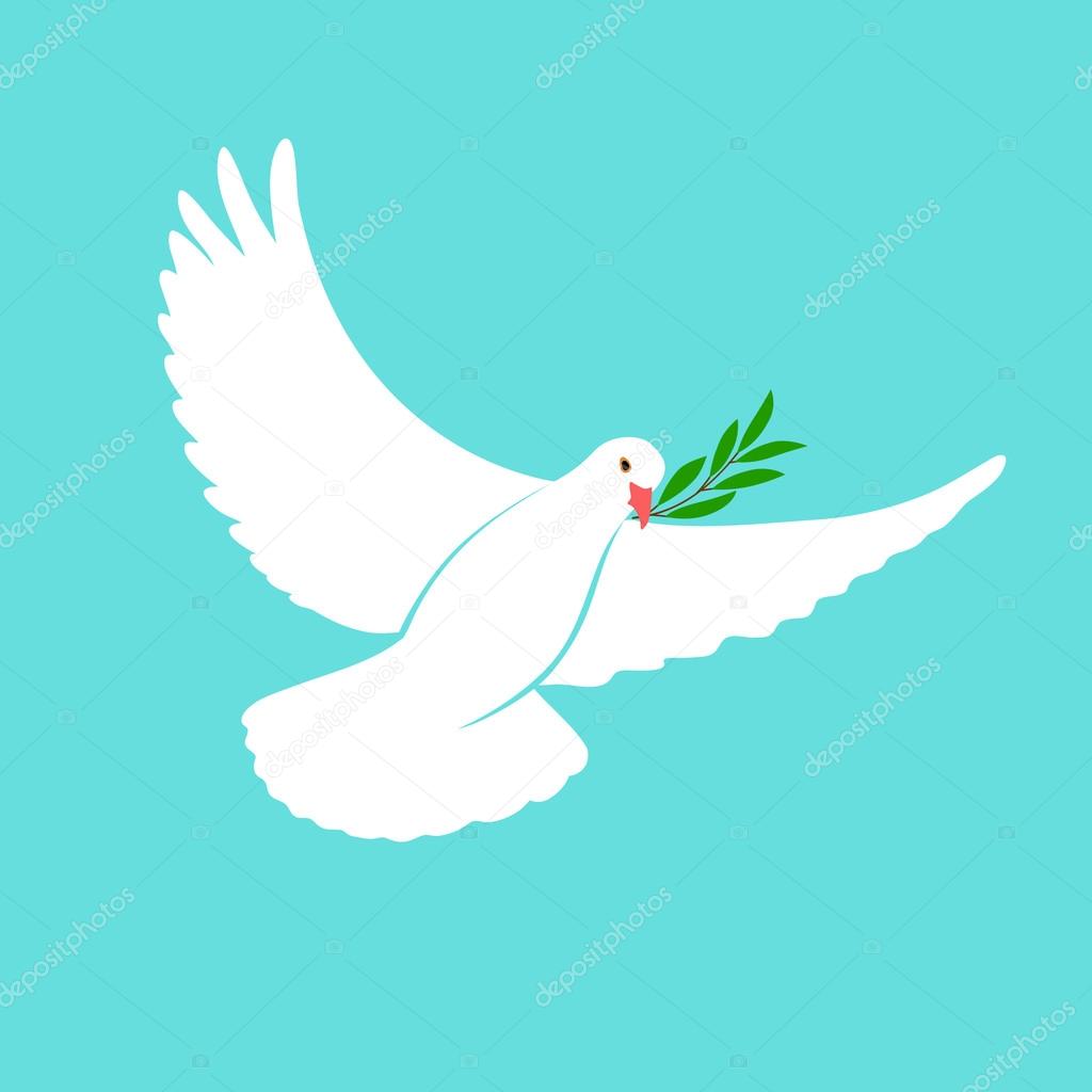 White Dove Vector Icon with Olive Branch. Peace Symbol. Pigeon Isolated Logo. White Flying Bird Emblem. Flat Dove Sign. International Day of Peace Poster Template with white dove, olive. 21 september.