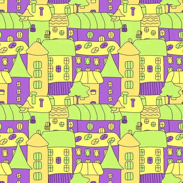 Cartoon pattern with tiny bright vector houses and trees. Hand drawn seamless ornament can be used for web page textured backgrounds, pattern fills, design projects, textile, wrapping, wallpaper. — Stock Vector