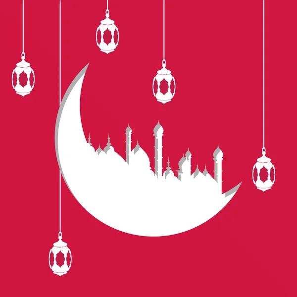Recorte de papel em forma de lua árabe com ilustração de lâmpadas penduradas ou lanternas no fundo vermelho para o mês sagrado islâmico de celebração de oração para feriado muçulmano. Eid al-Adha e Eid al-Fitr, Al-Hijra . —  Vetores de Stock