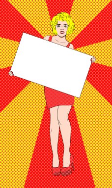 Bir güzel glamour oldukça sıcak blondy kadın kırmızı gül ince elbise, topuklu ayakkabılar beyaz pano, elinde metin için yer tutuyor. Pop sanat tarzı. Kabarcıklar yıldız patlaması arka plan ışın. Vektör