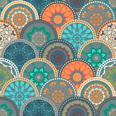 Seamless abstract pattern frame of trendy colored floral flower tile circles. For wallpaper, surface textures, textile. Summer-Autumn Design. India, Islam ethnic style. Green, orange, blue. vector