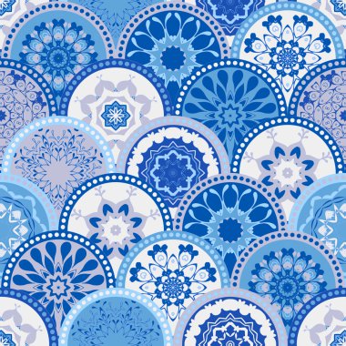 Seamless abstract pattern frame of trendy colored floral flower tile circles. For wallpaper, surface textures, textile. Summer-Autumn Design. India, Islam ethnic round style. White, blue. vector clipart