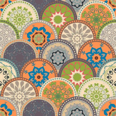 Seamless abstract pattern frame of trendy colored floral flower tile circles. For wallpaper, surface textures, textile. Summer-Autumn Design. India, Islam ethnic style. Green, orange, blue. vector