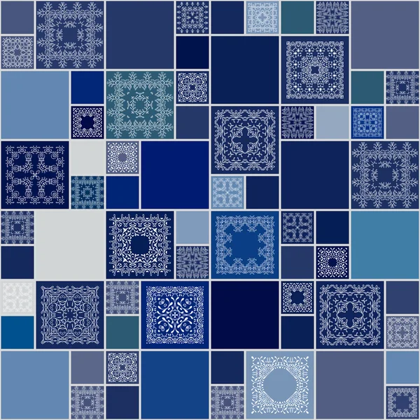 Cadre de motif abstrait sans couture de tuiles florales colorées à la mode. Pour papier peint, textures de surface, textile. Design été-automne. Inde, Islam style ethnique rond. Blanc, bleu. vecteur — Image vectorielle