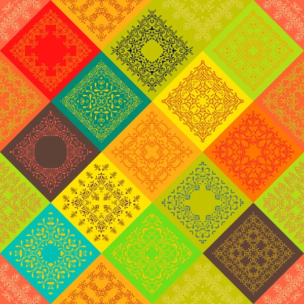 Patrón abstracto sin costuras marco Patchwork azulejos de flores florales de colores de moda. Para texturas de superficie de papel pintado, textil. Diseño Verano-Otoño. India, estilo redondo étnico islámico. Amarillo, rojo, azul. vector — Vector de stock