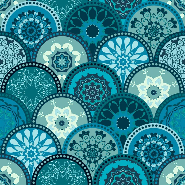 Seamless abstract pattern frame of trendy colored floral flower tile circles. For wallpaper, surface textures, textile. Summer-Autumn Design. India, Islam ethnic round style. Green, blue. vector