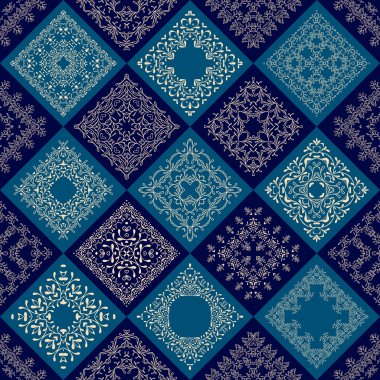 Abstract Patchwork tiles seamless background. Vector eps10. Floral pattern texture design. Mosaic old fashion creative backdrop. Color dark, light blue, indigo, aqua, teal