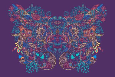 Abstract artistic flat floral ornament with waves, roses, cute leaves, vivid flowers as a butterfly silhouette on bright violet background. Vector hand drawn illustration texture yellow red blue teal