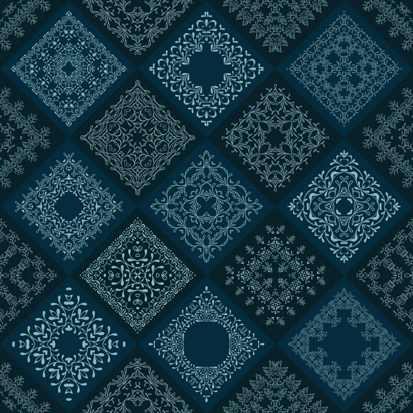 Abstract Patchwork tiles seamless background. Vector eps10. Floral pattern texture design. Mosaic old fashion creative backdrop. Color dark, light blue, indigo, aqua, teal — Stok Vektör