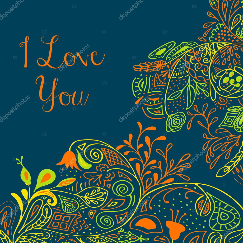 I Love you text on teal background with floral nature ornament with roses, flowers, bluebell, campanula, bellflower, leaves, branches. Vector illustration eps 10. For valentines day design concept