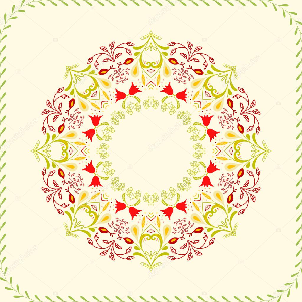 Art Floral circle frame for flyers, brochures, templates design. Vintage card with flower patterns and ornaments. Decorations, tiny leaves, berry. Spring or summer banners vector illustration eps10.