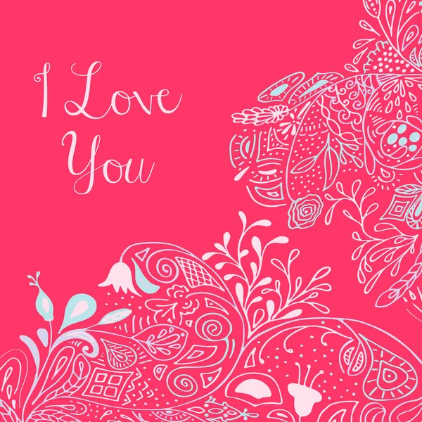 Ich liebe dich text auf rosa hintergrund mit floralen natur-ornament mit rosen, blumen, bluebell, campanula, glockenblume, blättern, zweigen. Vektor Illustration Folge 10. für Valentinstag Designkonzept — Stockvektor