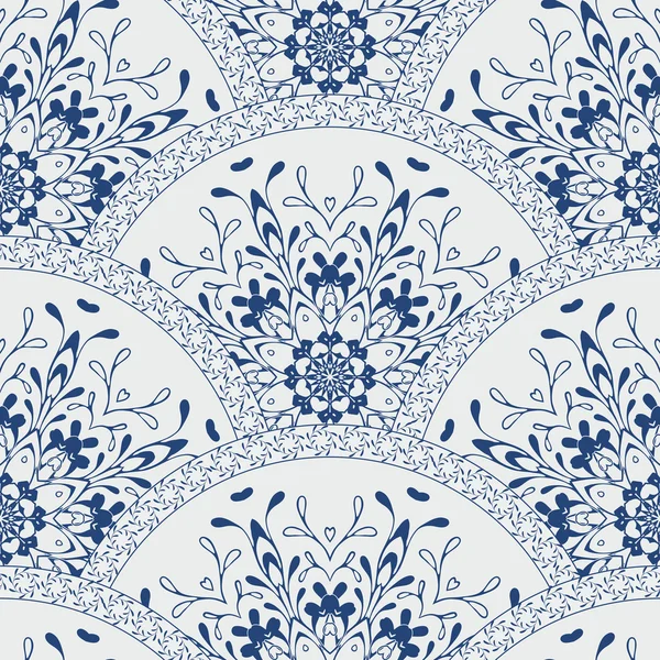 Seamless patchwork pattern frame of trendy colored floral flower tile circles. For wallpaper, surface textures, fabric textile swatch. Indian Islam mexican ethnic round style. White indigo blue vector — Stock Vector