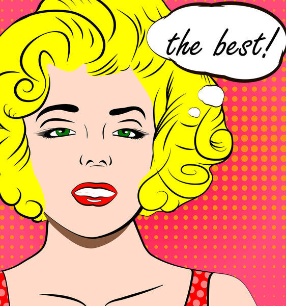 Крупный план симпатичной блондинки сексуальной женщины. Лучший текст в речи для разговоров в пузыре. концепция успеха в стиле ретро поп-арт. вектор eps10. Для бизнеса, плаката, презентации
.