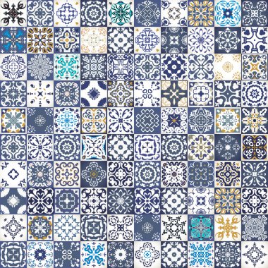 Gorgeous floral patchwork design. Colorful Moroccan or Mediterranean square tiles, tribal ornaments. For wallpaper print, pattern fills, web background, surface textures.  Indigo blue white teal aqua clipart