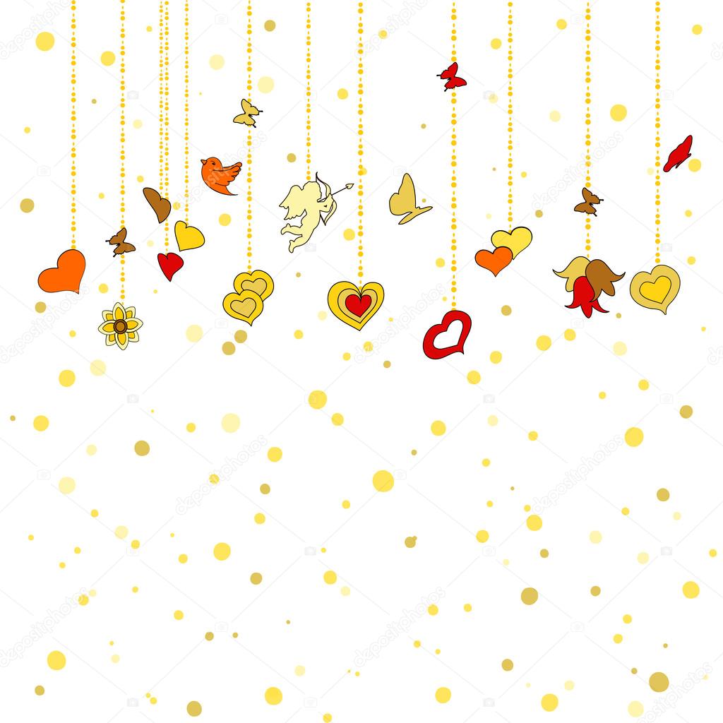 Little hanging hearts, other decorations on golden dots background. Greeting card for Valentine's day, february 14, or Wedding Engagement invintation. Save the date card. romantic vector illustration.