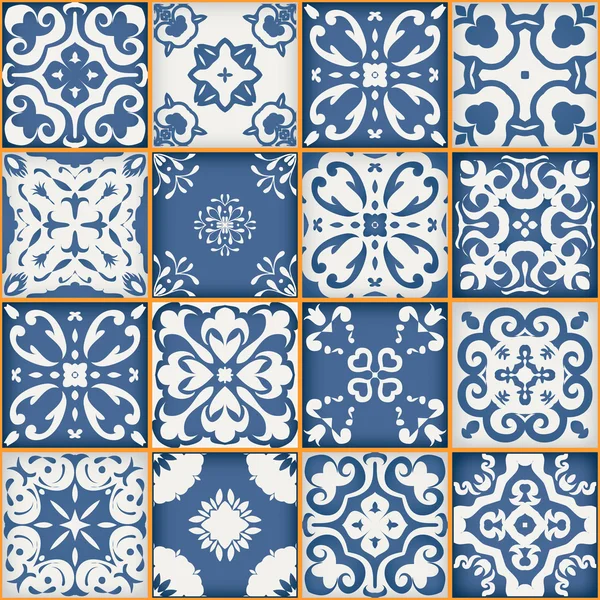 진한 파란색과 흰색 모로코 타일, 화려한 원활한 패치워크 패턴 장식품. 벽지, 패턴 채우기, 웹 페이지 배경, 표면 질감에 사용할 수 있습니다.. — 스톡 벡터