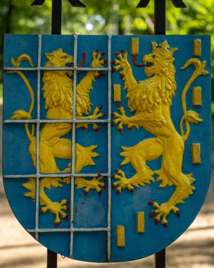 KAMIENİEC ZABKOWICKI, POLAND - 4 Temmuz 2021: Kamieniec Zabkowicki sarayının giriş kapısında silahlar. 