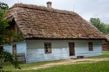 RADOM, POLAND - 26 Temmuz 2021: ağaçlarla çevrili sazdan çatılı geleneksel, beyaz ahşap bir ev. Güneşli, yaz günü. 