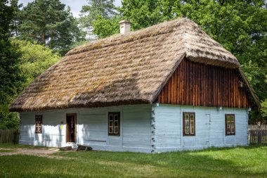 RADOM, POLAND - 26 Temmuz 2021: ağaçlarla çevrili sazdan çatılı geleneksel, beyaz ahşap bir ev. Güneşli, yaz günü. 