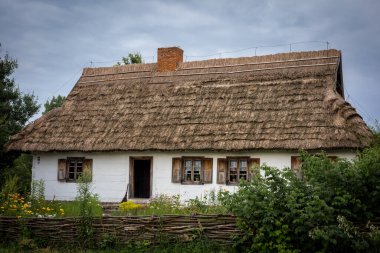 SIERPC, POLAND - 23 Temmuz 2021: sazdan çatılı geleneksel, beyaz ahşap bir ev. Panjurlu pencereler, ahşap çitler ve bahçede sarı çiçekler.. 