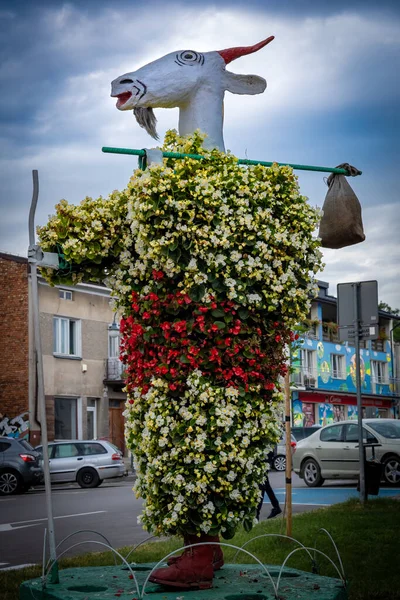 Pacanow Poland August 2021 Statue Matolek Billy Goat Dressed Flowers — Stock Photo, Image