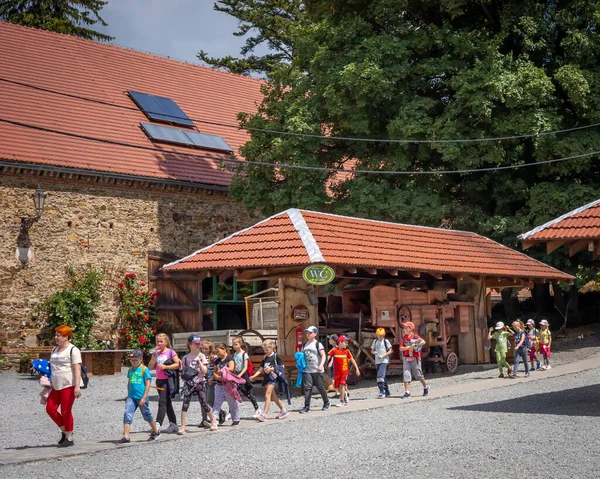 2021年7月9日 Wojslawice 一群穿着五颜六色的学童跟随老师在户外游行 — 图库照片