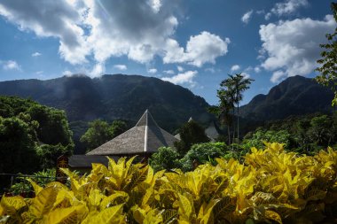 Damai, Borneo, Malezya - 18 Mayıs 2025: Sarawak Kültür Köyü Yaşam Müzesi, tropik bitkilerle çevrili, arka planda Santubong Dağı.