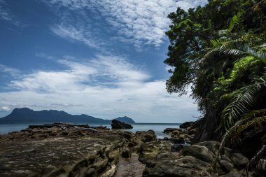 Bako Ulusal Parkı, Sarawak, Borneo, Malezya 'da kayalık körfezi, plajı ve denizi olan güzel bir manzara.. 