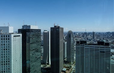 Tokyo, Japonya - 9 Nisan 2025: Tokyo Metropolitan Hükümet Binası 'ndan şehir panoraması. Modern gökdelenler, mavi gökyüzü. 