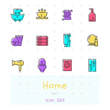 Home color line icon set. Part 1. Bathroom clipart