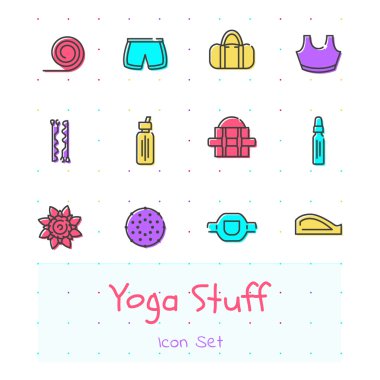 Yoga şeyler çizgi renk simge seti