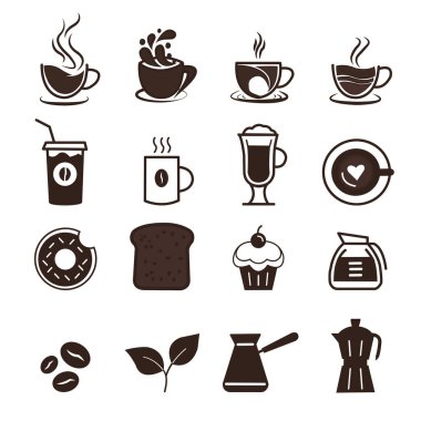 Modayı takip eden düz biçimdeki kafe ve kahve üretim modeli vektör sembolü seti