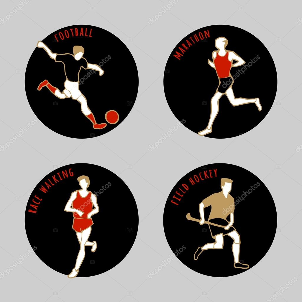 Vector illustration of Athletes. Soccer. Marathon. Race walking. Field Hockey. Summer games. Round sports icons with sportsmen for competitions or championship design.