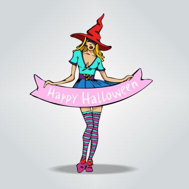 Güzel şık kız cadı halloween kılık için metin kurdele ile