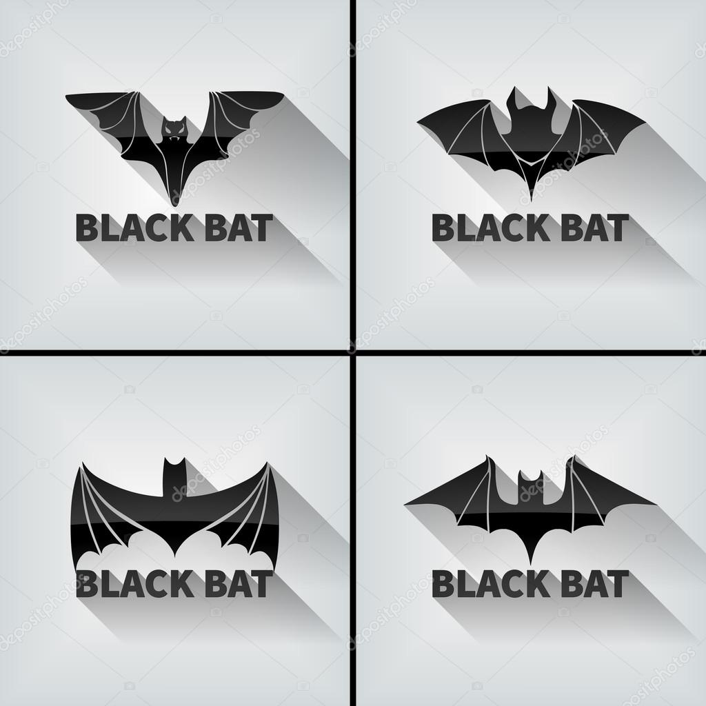 Set of black silhouettes of different bats in flat graphic style with shadows. Design elements for Halloween, for tattoo. Frames, labels, icons and stickers. Vector.