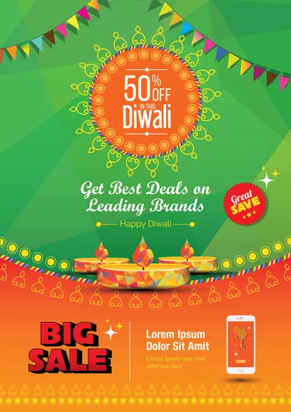 Diwali Festivali% 50 İndirim Etiketli Büyük İndirim Posteri Şablonu
